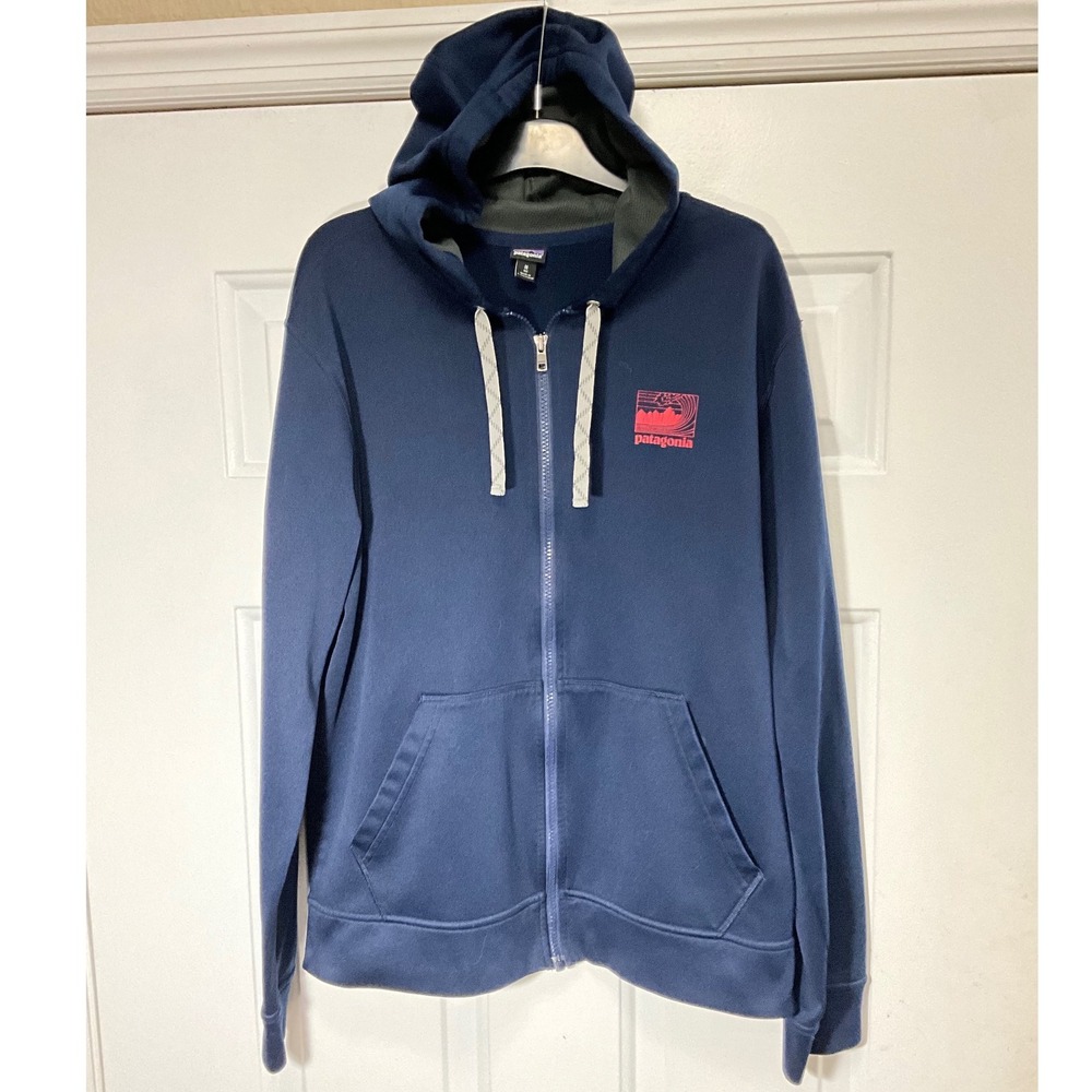 Patagonia Mens Navy Blue Full Zip Hoodie Graphic Logo Fleece Sweatshirt Size M